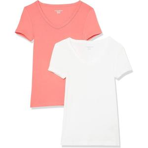 image:imageAmazon Essentials Womens SlimFit ShortSleeve VNeck TShirtWhiteDark Pink