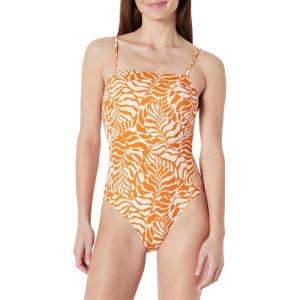 image:imageAmazon Essentials Womens Squareneck OnePiece SwimsuitRust Orange Abstract Palms