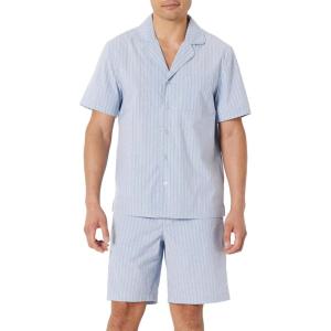 image:imageAmazon Essentials Mens Lightweight Woven Cotton Poplin Loungewear Shorts Pyjama Set with Notch CollarCornflower Blue Thin Stripe