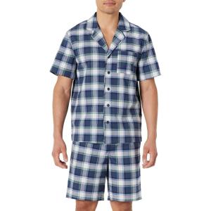image:imageAmazon Essentials Mens Lightweight Woven Cotton Poplin Loungewear Shorts Pyjama Set with Notch CollarIndigo Country Plaid