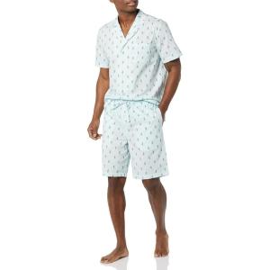 image:imageAmazon Essentials Mens Lightweight Woven Cotton Poplin Loungewear Shorts Pyjama Set with Notch CollarLight Blue White Pineapple