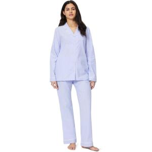 image:imageAmazon Essentials Womens Cotton Stretch Poplin Pajama Set Long Sleeve ButtonDown Shirt with PantsBlue Pinstripe