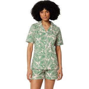 image:imageAmazon Essentials Womens Cotton Stretch Poplin Pajama Set Short Sleeve ButtonDown with ShortsLight Pink Palm Leaves