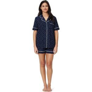 image:imageAmazon Essentials Womens Cotton Stretch Poplin Pajama Set Short Sleeve ButtonDown with ShortsNavy Ivory Dot