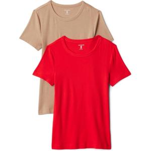 image:imageAmazon Essentials Womens SlimFit ShortSleeve Crewneck TShirt Pack of 2Bright Poppy RedTan