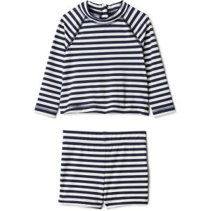 image:imageAmazon Essentials x Sofia Grainge Toddlers and Baby Boys TwoPiece Long Sleeve Rashguard and Shorts SetIvory Navy Even Stripe