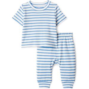 image:imageAmazon Essentials x Sofia Grainge Unisex Toddlers and Babies Cotton Knit Short Sleeve Shirt amp Pants SetBlue Ivory Uneven Stripe