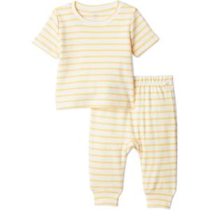 image:imageAmazon Essentials x Sofia Grainge Unisex Toddlers and Babies Cotton Knit Short Sleeve Shirt amp Pants SetWarm Yellow Ivory Uneven Stripe