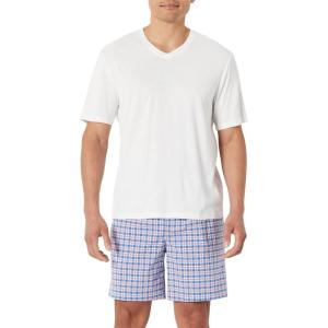 image:imageAmazon Essentials Mens Short Sleeve V Neck T Shirt and Relaxed Fit Cotton Stretch Poplin Shorts Lounge Sleepwear Pajama SetCheckIvory