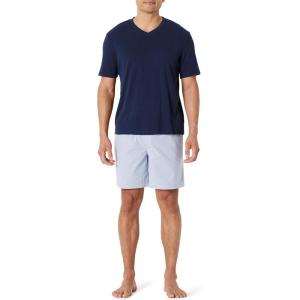 image:imageAmazon Essentials Mens Short Sleeve V Neck T Shirt and Relaxed Fit Cotton Stretch Poplin Shorts Lounge Sleepwear Pajama SetNavyThin Stripe
