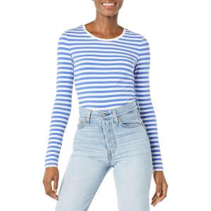 image:imageAmazon Essentials Womens RegularFit LongSleeve Crewneck TShirt Available in Plus SizeBlue White Even Stripe