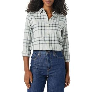 image:imageAmazon Essentials Womens RegularFit LongSleeve Lightweight Plaid Flannel ShirtBlack Grey Plaid