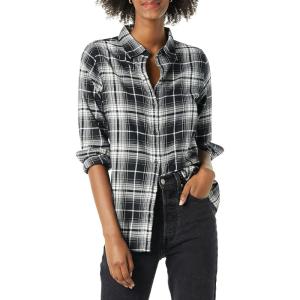 image:imageAmazon Essentials Womens RegularFit LongSleeve Lightweight Plaid Flannel ShirtBlack White Large Plaid