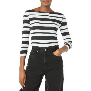 image:imageAmazon Essentials Womens SlimFit 34 Sleeve Boat Neck Cotton Modal Micro Rib TShirtBlack White Placed Stripe