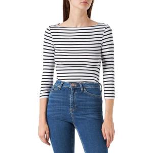 image:imageAmazon Essentials Womens SlimFit 34 Sleeve Boat Neck Cotton Modal Micro Rib TShirtWhite Stripe