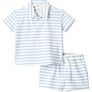 image:imageAmazon Essentials x Sofia Grainge Toddlers and Baby Boys Cotton Pique Short Sleeve Shirt amp Shorts Play SetBlue Uneven Thin Stripe