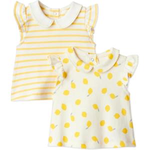 image:imageAmazon Essentials x Sofia Grainge Toddlers and Baby Girls Cotton Short Sleeve Blouses with Ruffles Pack of 2LemonUneven Stripe