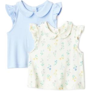 image:imageAmazon Essentials x Sofia Grainge Toddlers and Baby Girls Cotton Short Sleeve Blouses with Ruffles Pack of 2Light BlueBouquets