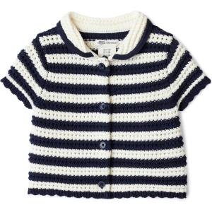 image:imageAmazon Essentials x Sofia Grainge Toddlers and Baby Girls Cotton Short Sleeve Button Front Sweater with Peter Pan CollarIvory Navy Polo Stripe