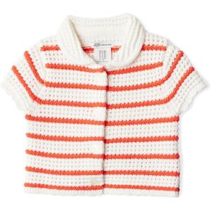 image:imageAmazon Essentials x Sofia Grainge Toddlers and Baby Girls Cotton Short Sleeve Button Front Sweater with Peter Pan CollarIvory Red Uneven Stripe