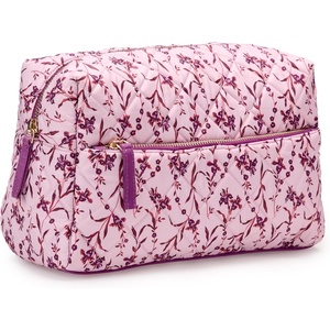 image:imageAmazon Essentials Womens Quilted Travel Makeup Bag with Mesh Compartments Black Faux Leather One SizePink Floral