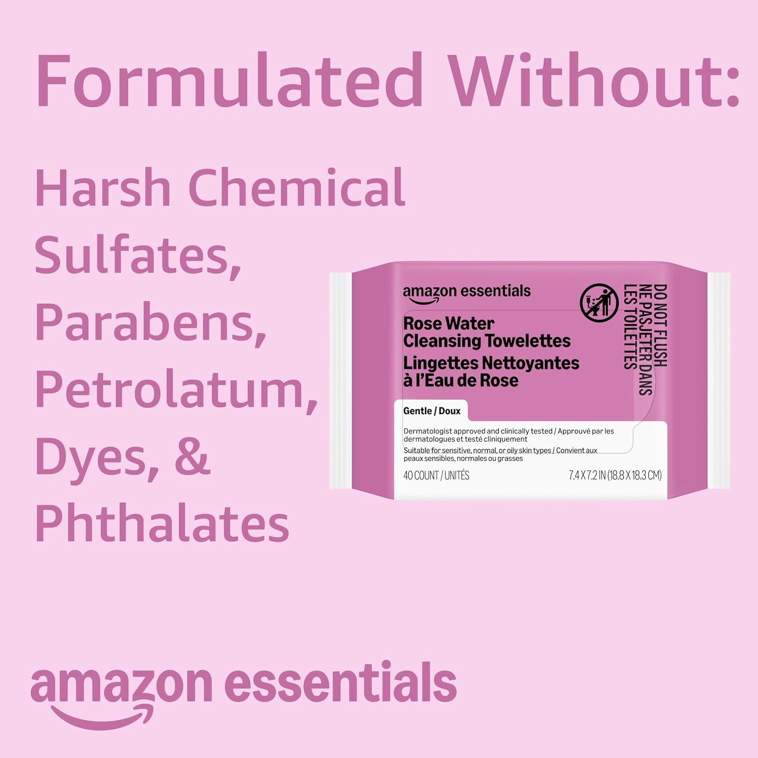 image:imageAmazon Essentials Rose Water Cleansing Towelettes Gentle Dermatologist Approved Suitable for Sensitive Normal or Oily skin types 40 Count Pack of 1