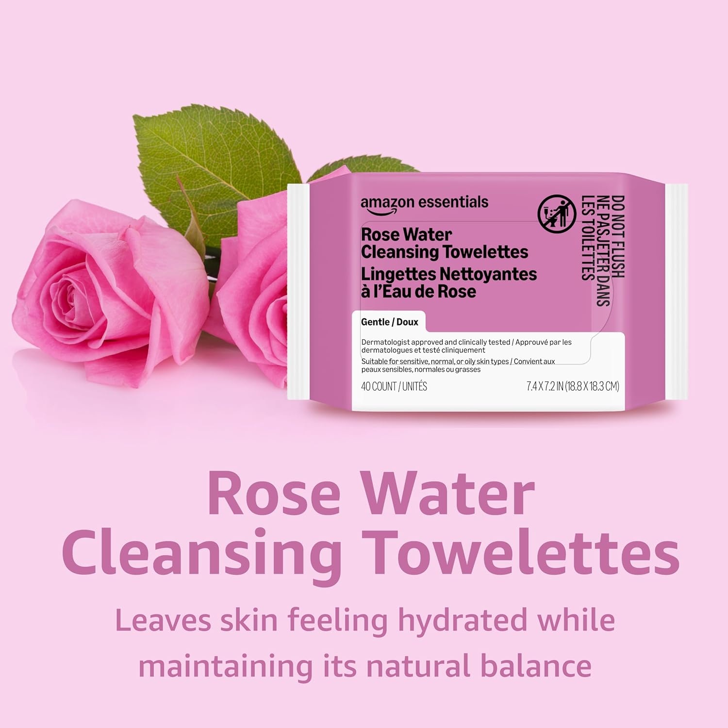 image:imageAmazon Essentials Rose Water Cleansing Towelettes Gentle Dermatologist Approved Suitable for Sensitive Normal or Oily skin types 40 Count Pack of 1