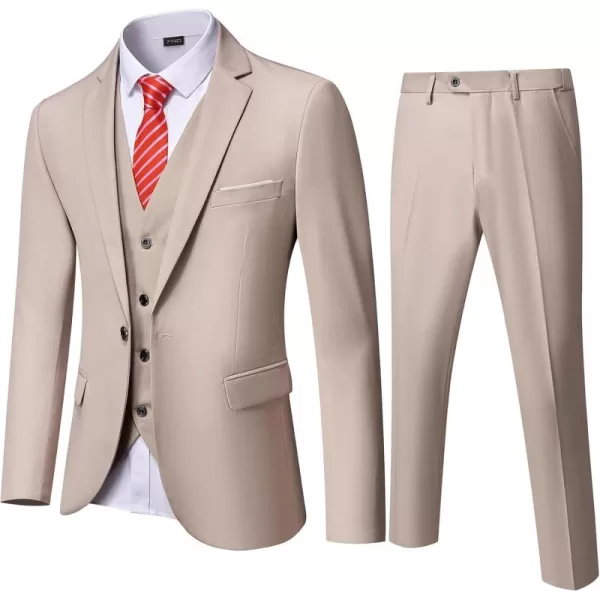 YND Mens Slim Fit 3 Piece Suit One Button Solid Jacket Vest Pants Set with TieBeige