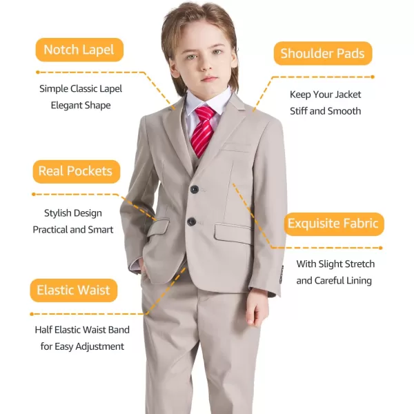 YND Boys 5 Piece Slim Fit Suit Set Solid Formal Dresswear of Jacket Vest Pants Shirt and TieBeige