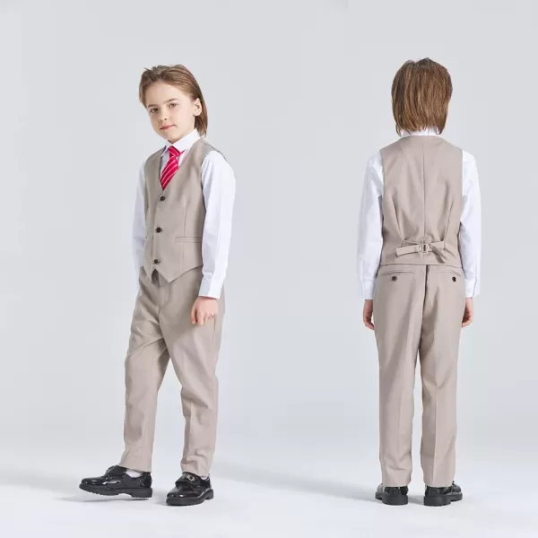 YND Boys 5 Piece Slim Fit Suit Set Solid Formal Dresswear of Jacket Vest Pants Shirt and TieBeige