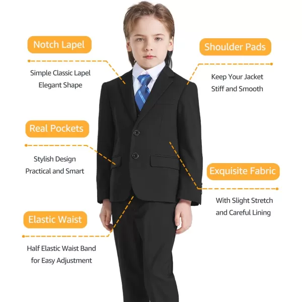 YND Boys 5 Piece Slim Fit Suit Set Solid Formal Dresswear of Jacket Vest Pants Shirt and TieBlack