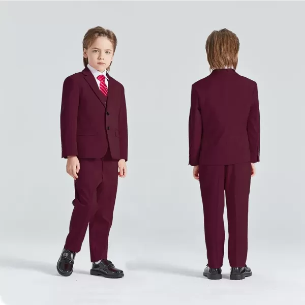 YND Boys 5 Piece Slim Fit Suit Set Solid Formal Dresswear of Jacket Vest Pants Shirt and TieBurgundy