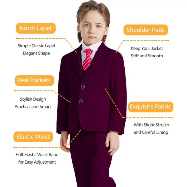 YND Boys 5 Piece Slim Fit Suit Set Solid Formal Dresswear of Jacket Vest Pants Shirt and TieBurgundy