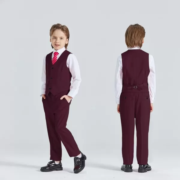 YND Boys 5 Piece Slim Fit Suit Set Solid Formal Dresswear of Jacket Vest Pants Shirt and TieBurgundy