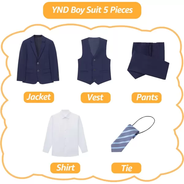 YND Boys 5 Piece Slim Fit Suit Set Solid Formal Dresswear of Jacket Vest Pants Shirt and TieDeep Blue