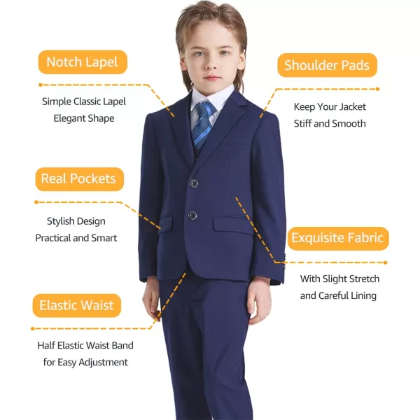 YND Boys 5 Piece Slim Fit Suit Set Solid Formal Dresswear of Jacket Vest Pants Shirt and TieDeep Blue