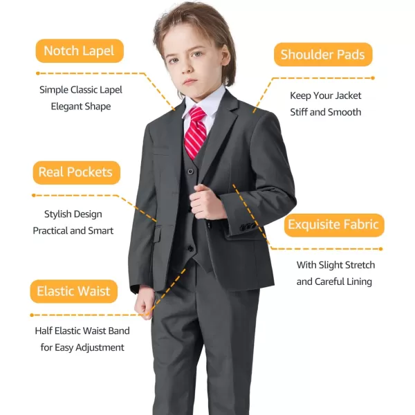 YND Boys 5 Piece Slim Fit Suit Set Solid Formal Dresswear of Jacket Vest Pants Shirt and TieDeep Grey