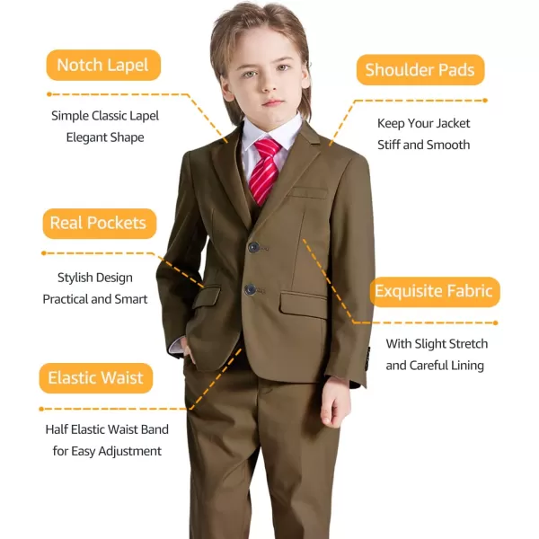 YND Boys 5 Piece Slim Fit Suit Set Solid Formal Dresswear of Jacket Vest Pants Shirt and TieKhaki