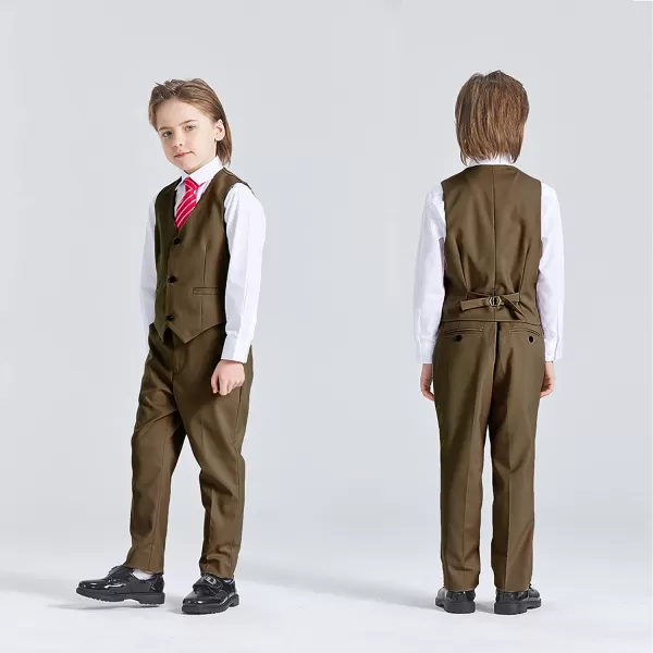 YND Boys 5 Piece Slim Fit Suit Set Solid Formal Dresswear of Jacket Vest Pants Shirt and TieKhaki