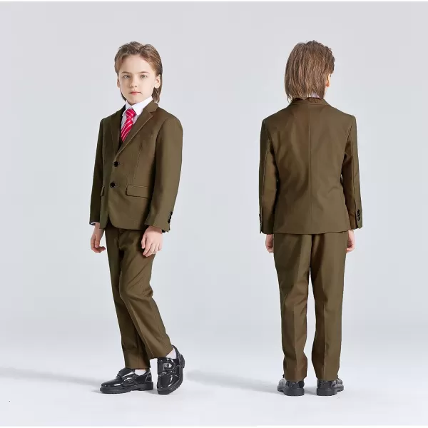 YND Boys 5 Piece Slim Fit Suit Set Solid Formal Dresswear of Jacket Vest Pants Shirt and TieKhaki