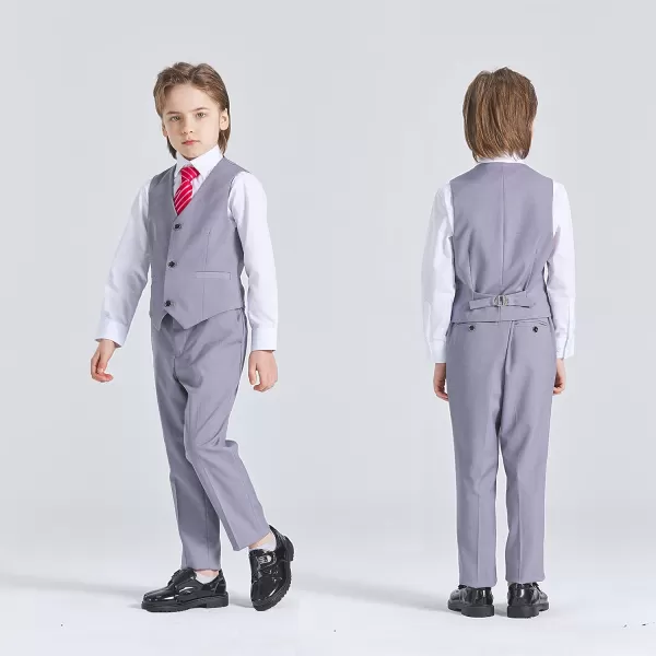 YND Boys 5 Piece Slim Fit Suit Set Solid Formal Dresswear of Jacket Vest Pants Shirt and TieLight Grey