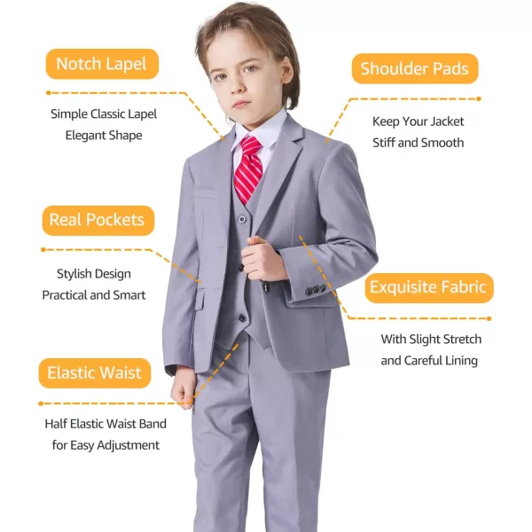 YND Boys 5 Piece Slim Fit Suit Set Solid Formal Dresswear of Jacket Vest Pants Shirt and TieLight Grey