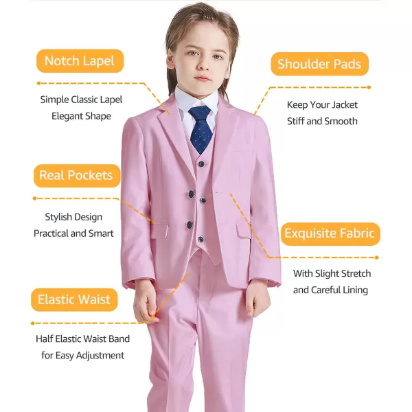 YND Boys 5 Piece Slim Fit Suit Set Solid Formal Dresswear of Jacket Vest Pants Shirt and TieLight Pink