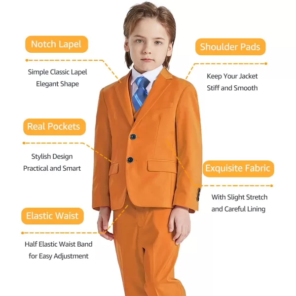 YND Boys 5 Piece Slim Fit Suit Set Solid Formal Dresswear of Jacket Vest Pants Shirt and TieOrange