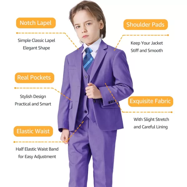 YND Boys 5 Piece Slim Fit Suit Set Solid Formal Dresswear of Jacket Vest Pants Shirt and TiePurple