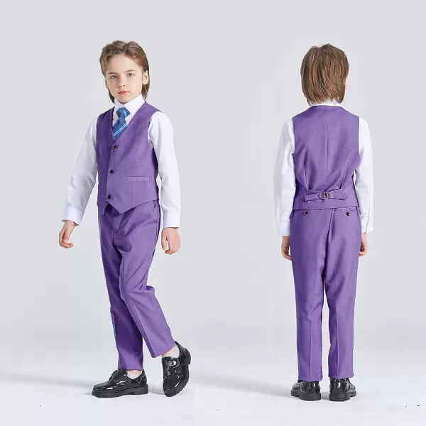 YND Boys 5 Piece Slim Fit Suit Set Solid Formal Dresswear of Jacket Vest Pants Shirt and TiePurple