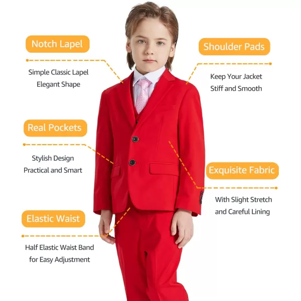 YND Boys 5 Piece Slim Fit Suit Set Solid Formal Dresswear of Jacket Vest Pants Shirt and TieRed