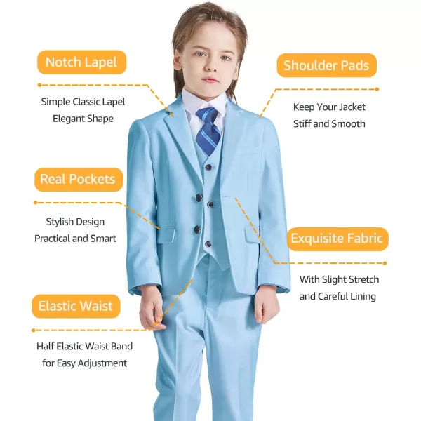 YND Boys 5 Piece Slim Fit Suit Set Solid Formal Dresswear of Jacket Vest Pants Shirt and TieSky Blue