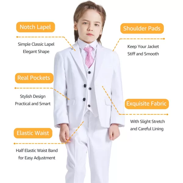 YND Boys 5 Piece Slim Fit Suit Set Solid Formal Dresswear of Jacket Vest Pants Shirt and TieWhite