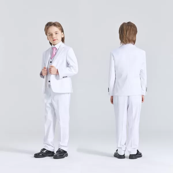 YND Boys 5 Piece Slim Fit Suit Set Solid Formal Dresswear of Jacket Vest Pants Shirt and TieWhite